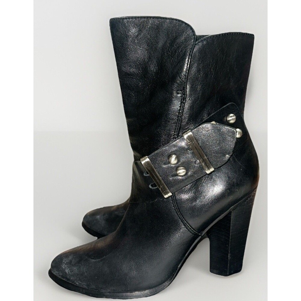 Saks Fifth Avenue Anna Black Leather Moto Strap Silver Stud Heel Boots 6.5 M